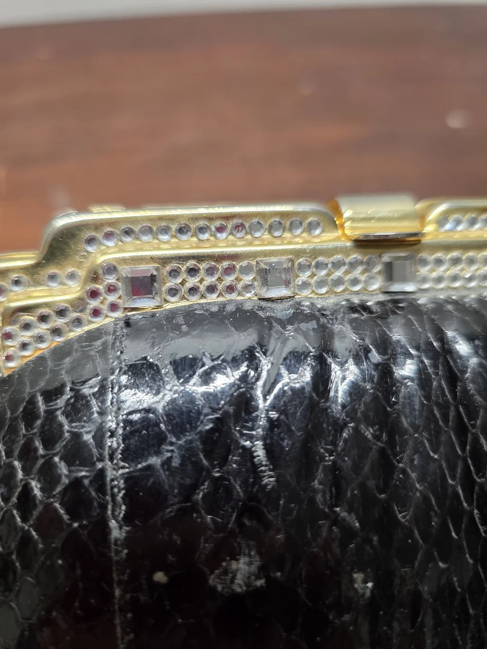 Classic Black Faux Snakeskin Evening Clutch with Gold Frame